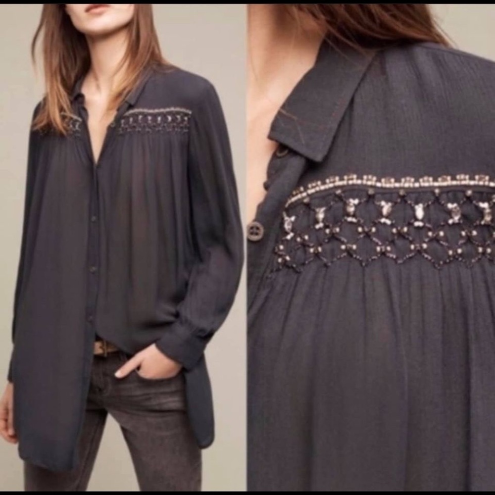 Floreat Anthropologie Beaded Silk Blouse